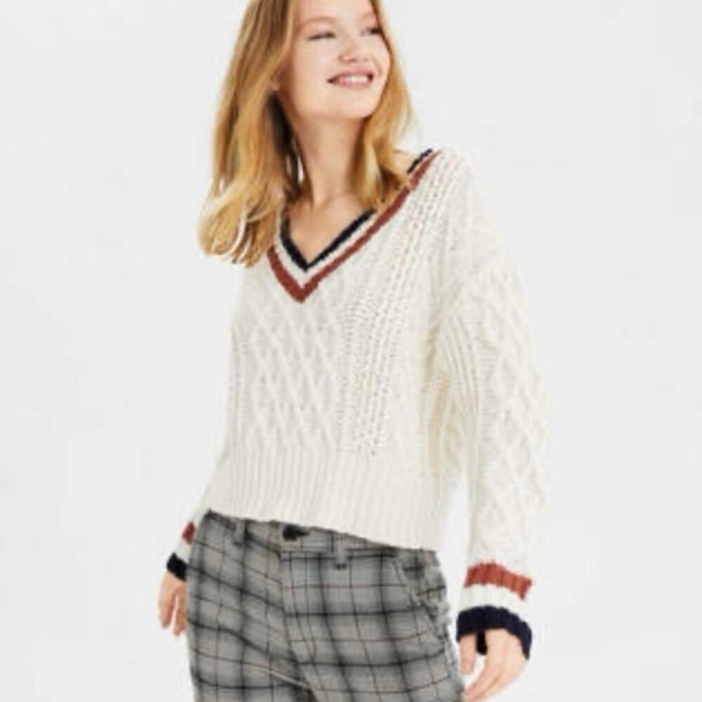 American Eagle Cable Knit V Neck Cropped Sweater Cream Ivory Navy Rust Sz Small